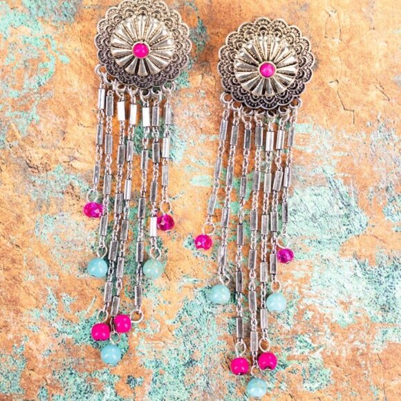 ICON Turquoise & Silver‎ Concho Fringe Chandelier Earrings NWT - Picture 1 of 5